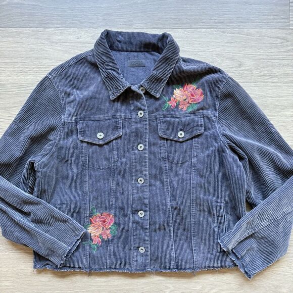 Umgee Jacket Women 1XL Corduroy Embroidered Purple Tone Raw Cuffs Hem - Picture 1 of 10